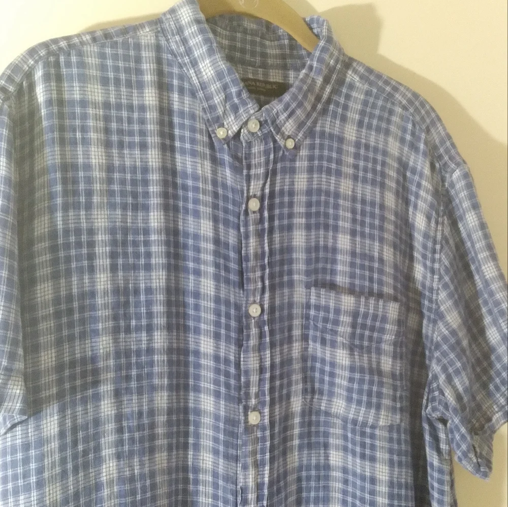 Banana Republic Linen Short Sleeve‎ Camp Shirt Camden Blue Plaid Mens Large